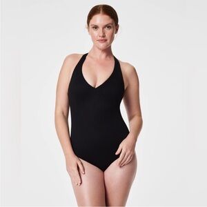 SPANX Black One Piece Swimsuit Halter V-Neck